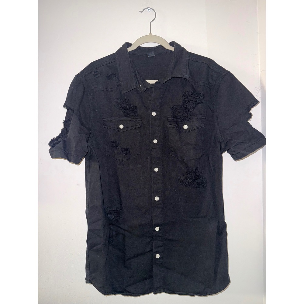 Manfinity Mens Distressed Black Denim Short Sleeve Button Down Shirt Large